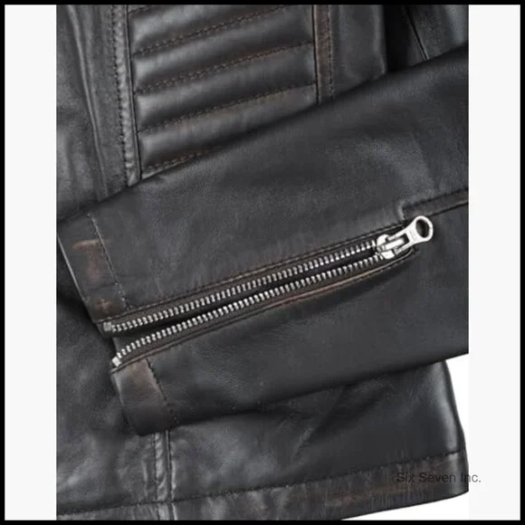 Lambskin Leather Jacket Women Cafe Racer Style Distressed Brown